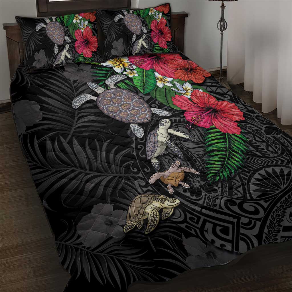 Hawaiian Tropical Plants and Turtles Quilt Bed Set Polynesian Art Motifs LT03 Black - Polynesian Pride