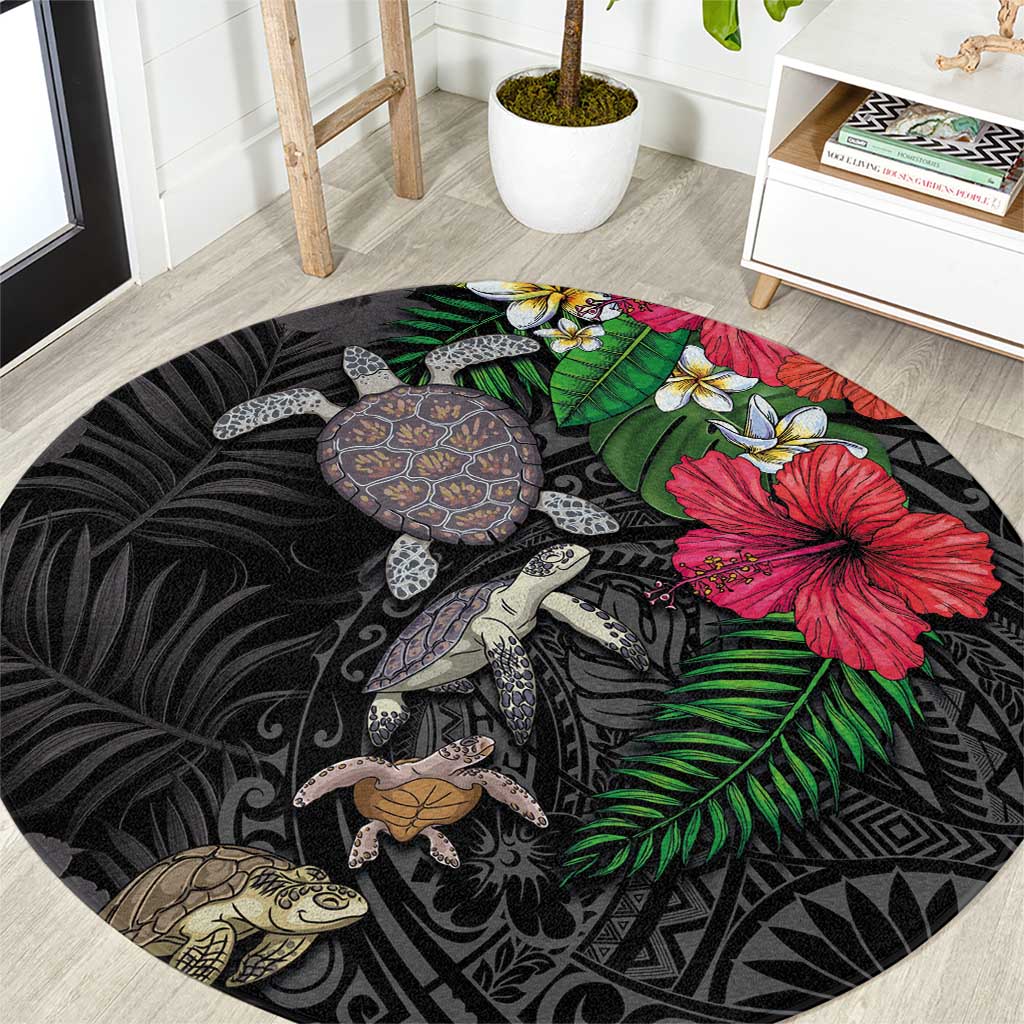 Hawaiian Tropical Plants and Turtles Round Carpet Polynesian Art Motifs LT03 Black - Polynesian Pride