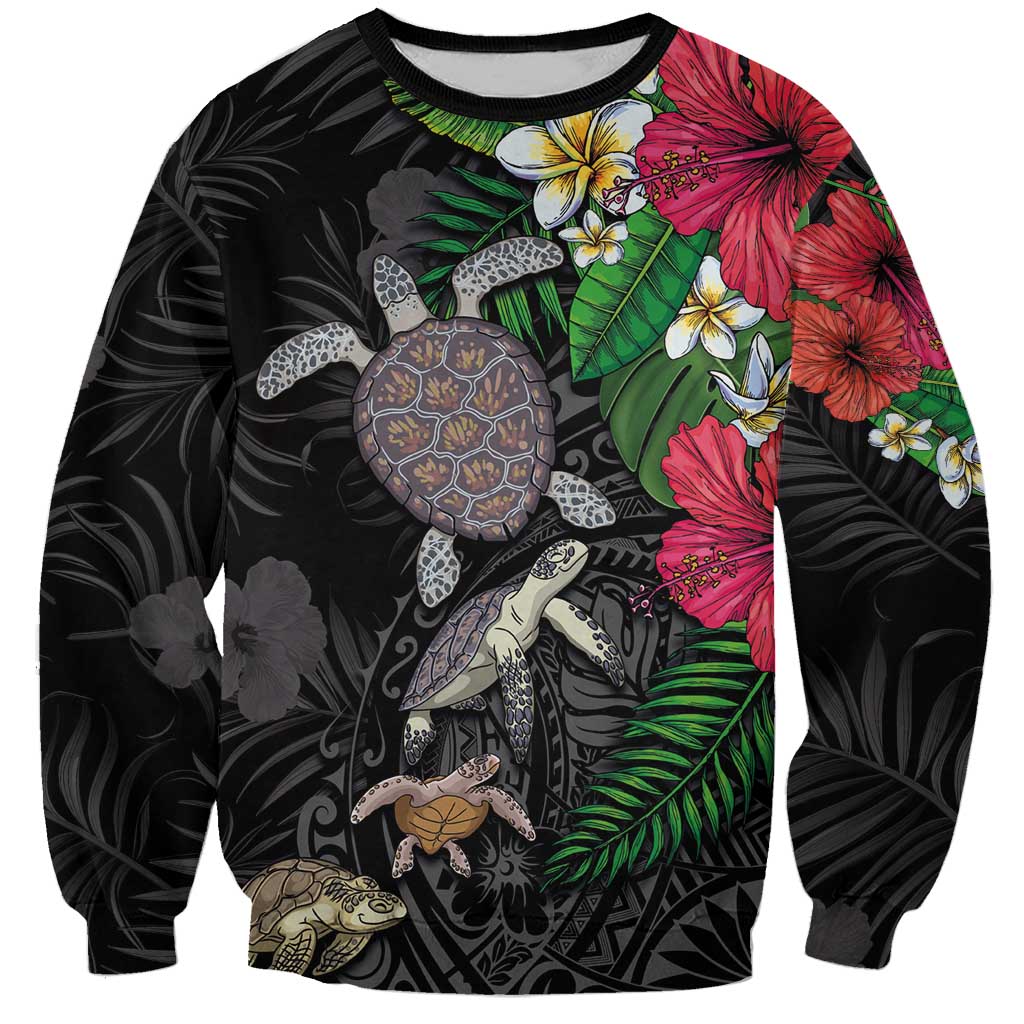 Hawaiian Tropical Plants and Turtles Sweatshirt Polynesian Art Motifs LT03 Unisex Black - Polynesian Pride