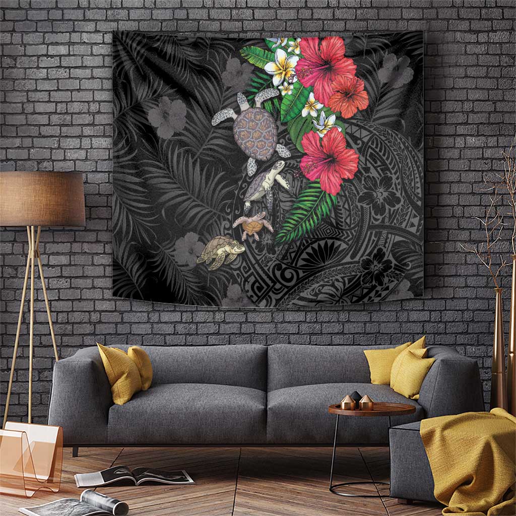 Hawaiian Tropical Plants and Turtles Tapestry Polynesian Art Motifs LT03 Black - Polynesian Pride