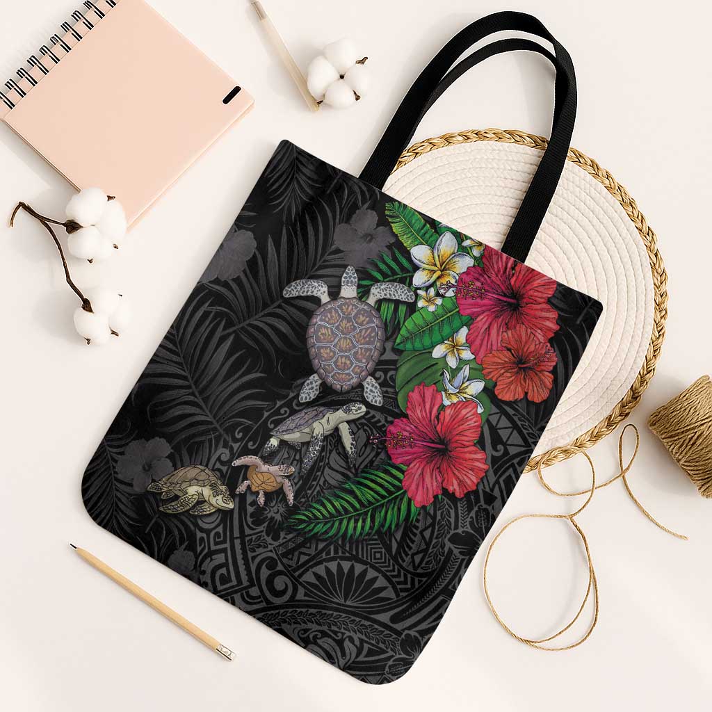 Hawaiian Tropical Plants and Turtles Tote Bag Polynesian Art Motifs LT03 Black Strap One Size Black - Polynesian Pride
