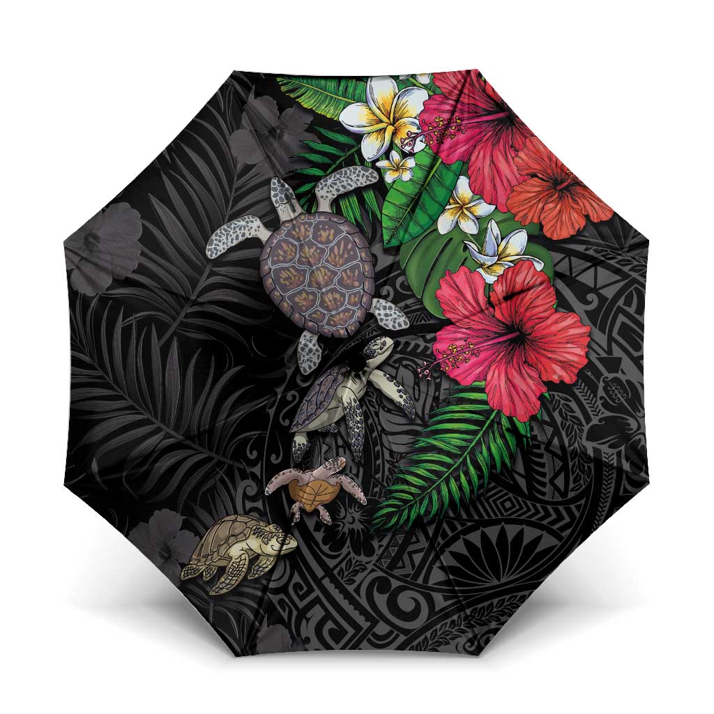 Hawaiian Tropical Plants and Turtles Umbrella Polynesian Art Motifs LT03 One Size Folded 11.42 inch Opened Diameter 37.4 inch Black - Polynesian Pride