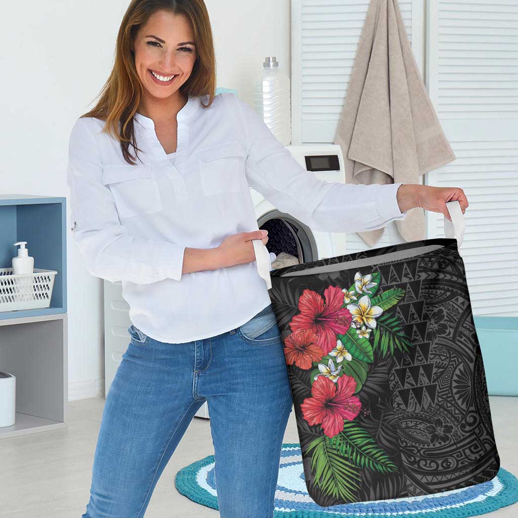 Hawaiian Tropical Plants Laundry Basket Kakau Tattoo and Polynesian Pattern Half Black Color LT03 - Polynesian Pride
