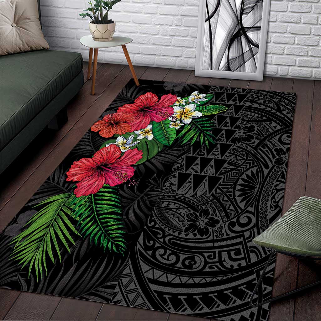 Hawaiian Tropical Plants Area Rug Kakau Tattoo and Polynesian Pattern Half Black Color LT03 Black - Polynesian Pride