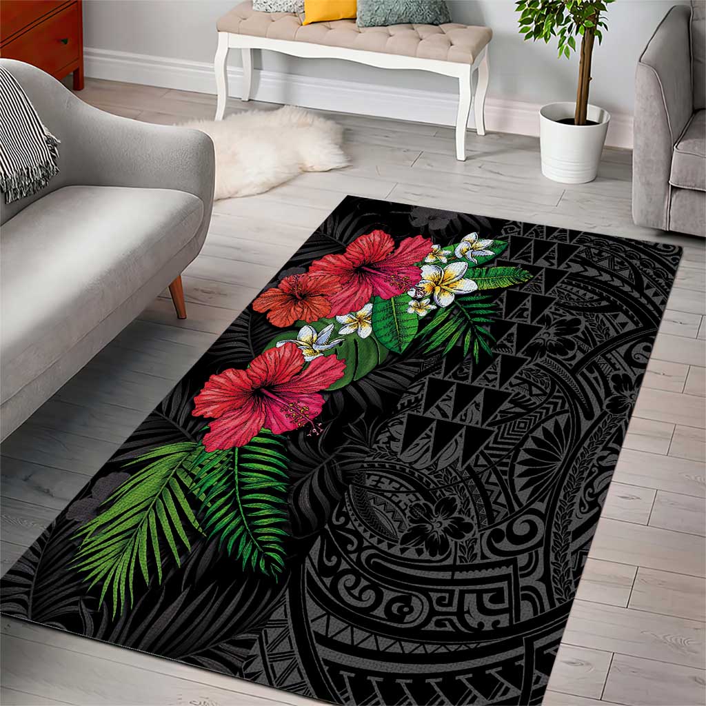 Hawaiian Tropical Plants Area Rug Kakau Tattoo and Polynesian Pattern Half Black Color LT03 - Polynesian Pride