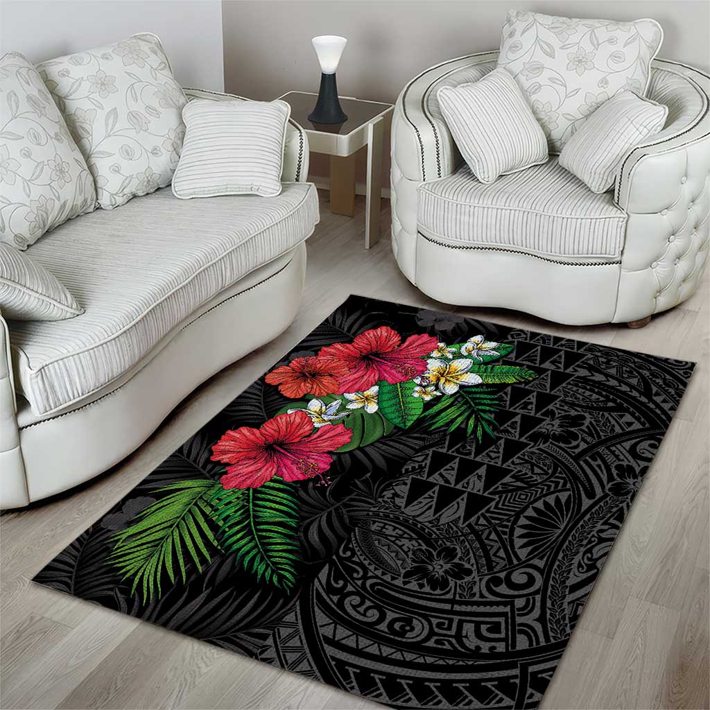 Hawaiian Tropical Plants Area Rug Kakau Tattoo and Polynesian Pattern Half Black Color LT03 - Polynesian Pride