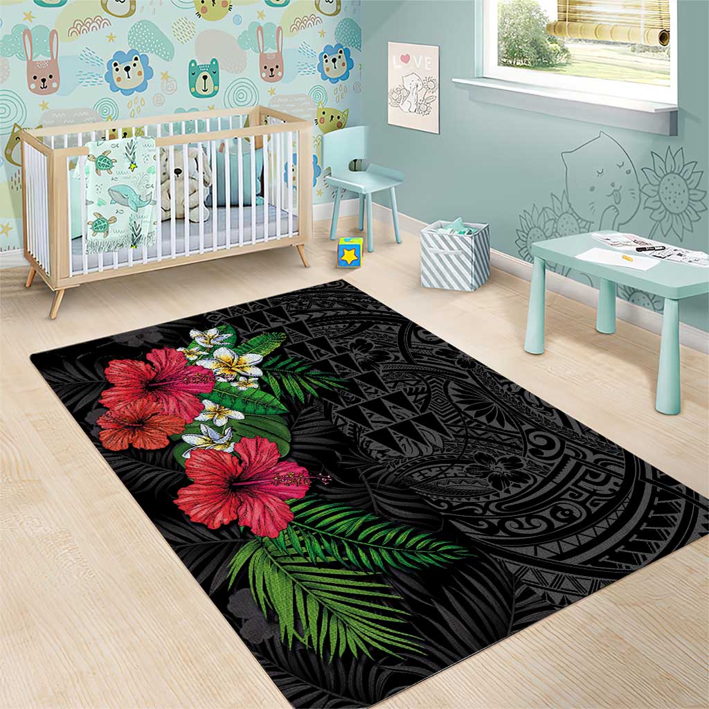 Hawaiian Tropical Plants Area Rug Kakau Tattoo and Polynesian Pattern Half Black Color LT03 - Polynesian Pride