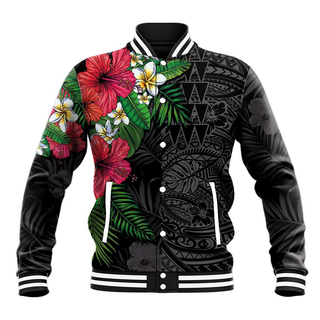 Hawaiian Tropical Plants Baseball Jacket Kakau Tattoo and Polynesian Pattern Half Black Color LT03 Unisex Black - Polynesian Pride