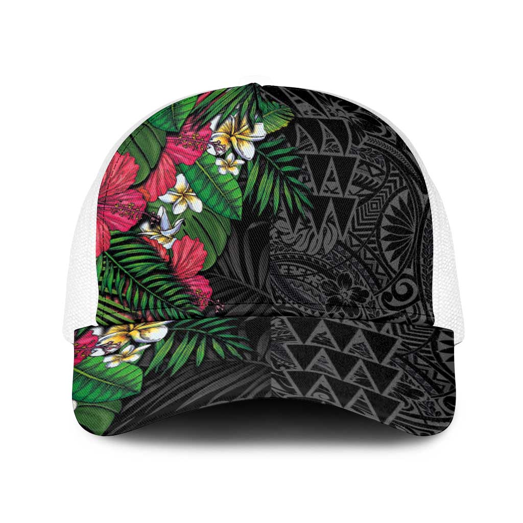 Hawaiian Tropical Plants Baseball Net Cap Kakau Tattoo and Polynesian Pattern Half Black Color LT03 One Size White Black - Polynesian Pride