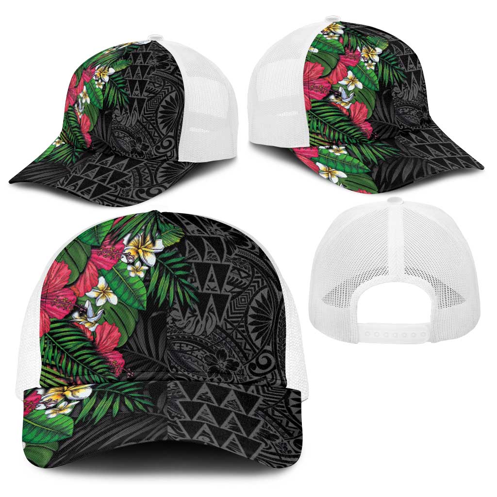 Hawaiian Tropical Plants Baseball Net Cap Kakau Tattoo and Polynesian Pattern Half Black Color LT03 - Polynesian Pride
