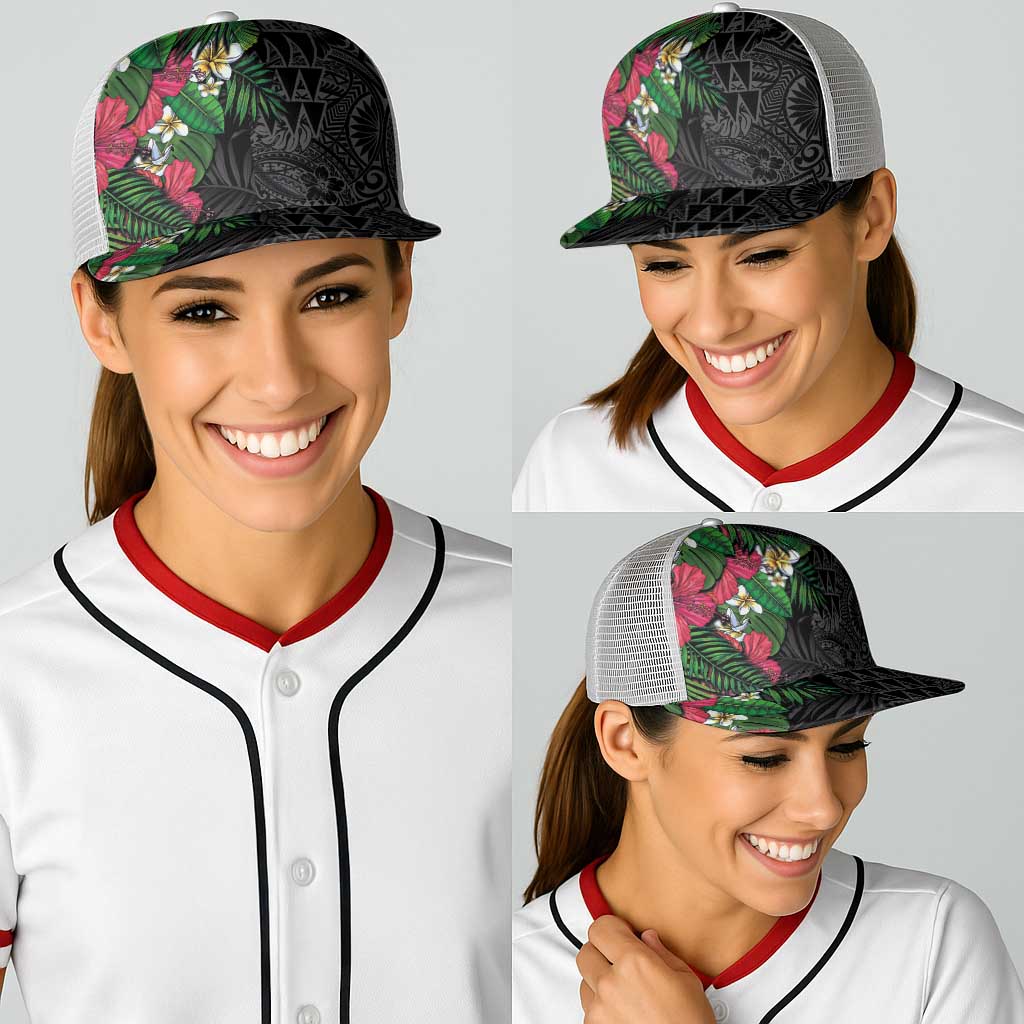 Hawaiian Tropical Plants Baseball Net Cap Kakau Tattoo and Polynesian Pattern Half Black Color LT03 - Polynesian Pride