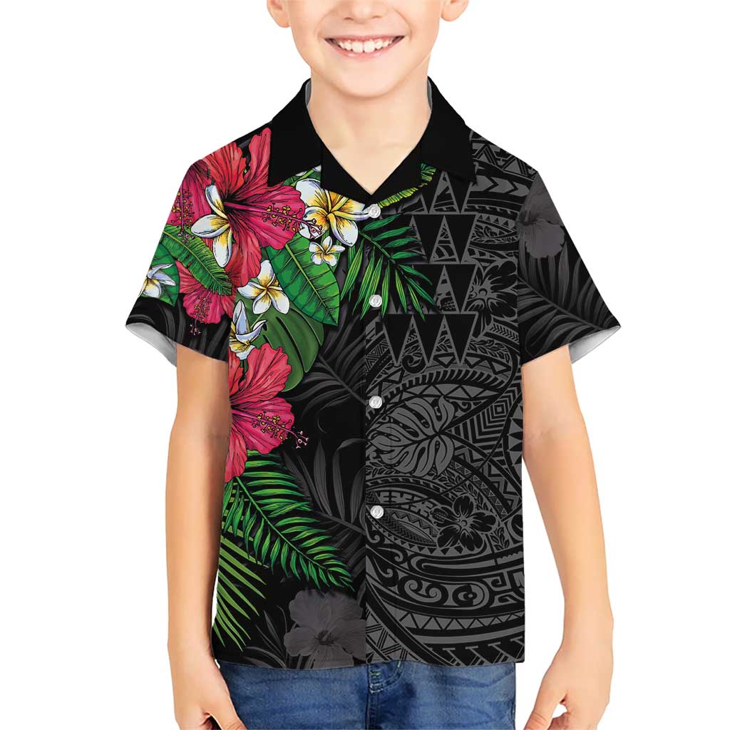 Hawaiian Tropical Plants Kid Hawaiian Shirt Kakau Tattoo and Polynesian Pattern Half Black Color LT03 Kid Black - Polynesian Pride