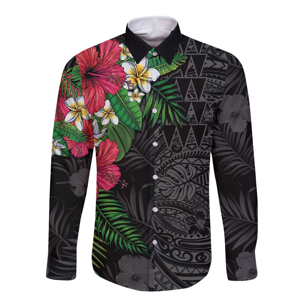Hawaiian Tropical Plants Long Sleeve Button Shirt Kakau Tattoo and Polynesian Pattern Half Black Color LT03 Unisex Black - Polynesian Pride