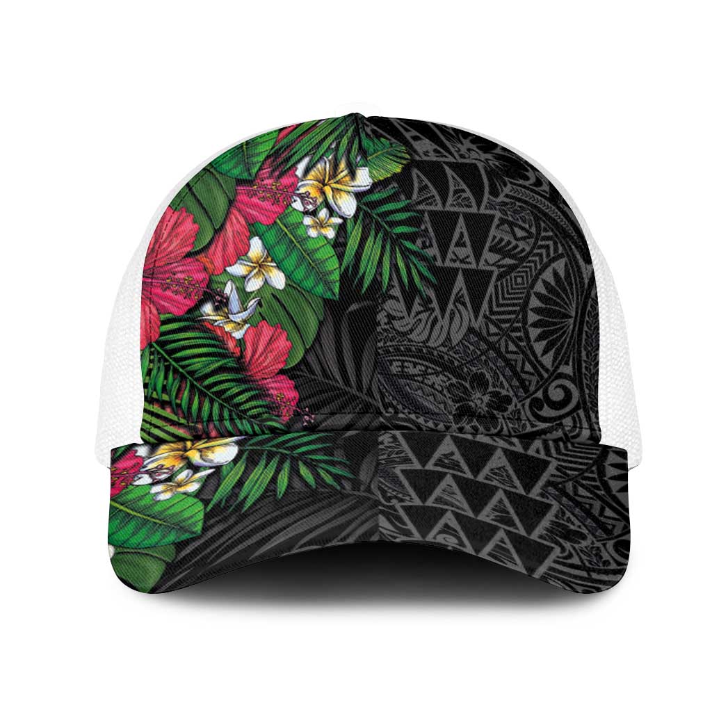 Hawaiian Tropical Plants Mesh Trucker Cap Kakau Tattoo and Polynesian Pattern Half Black Color LT03 One Size White Black - Polynesian Pride