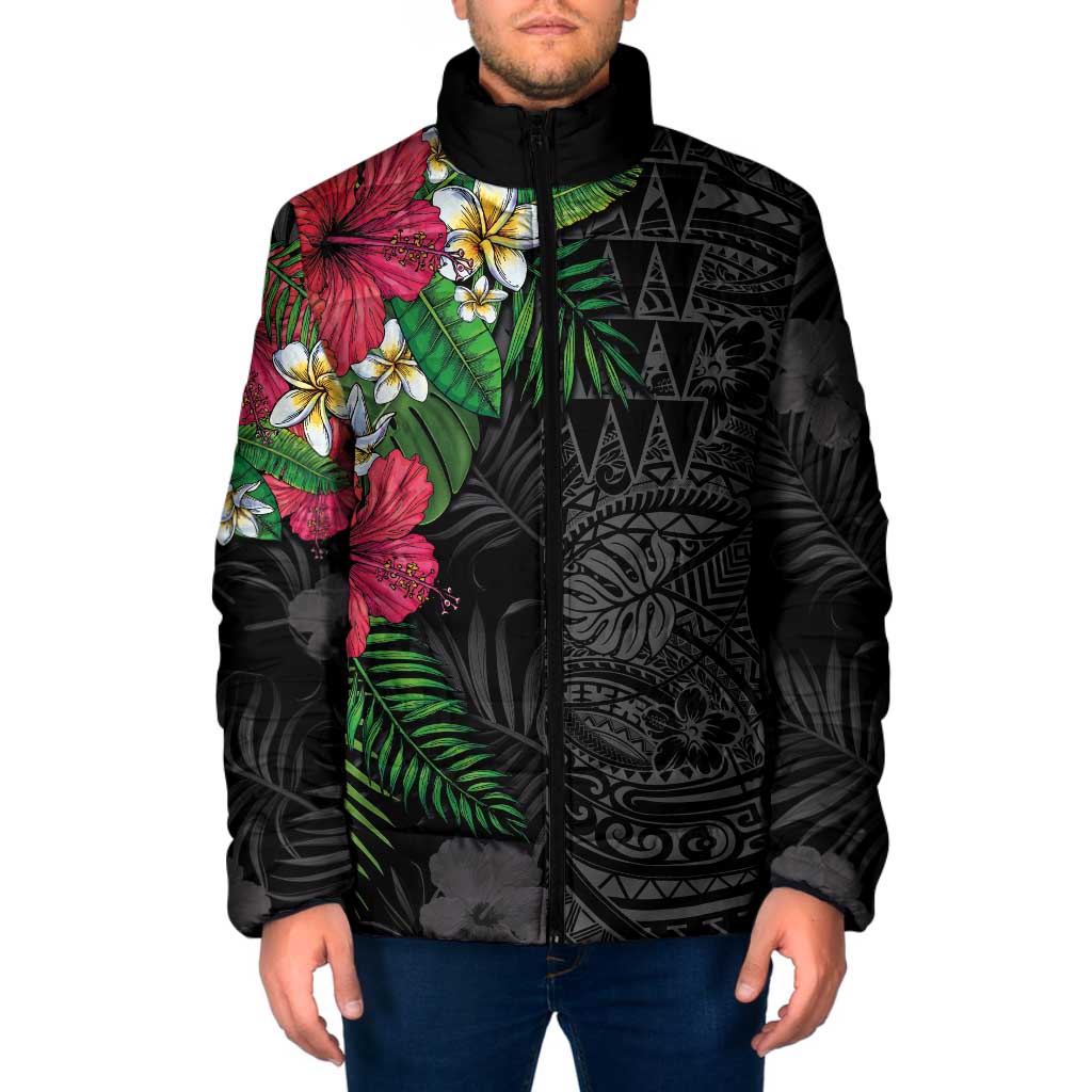 Hawaiian Tropical Plants Padded Jacket Kakau Tattoo and Polynesian Pattern Half Black Color LT03 Men Black - Polynesian Pride