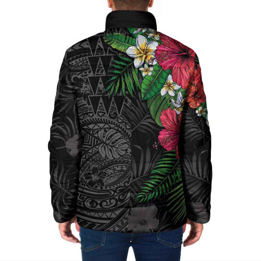 Hawaiian Tropical Plants Padded Jacket Kakau Tattoo and Polynesian Pattern Half Black Color LT03 - Polynesian Pride