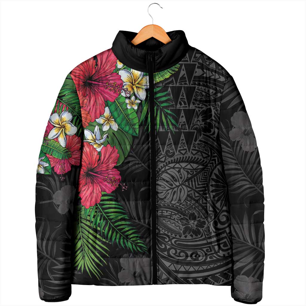 Hawaiian Tropical Plants Padded Jacket Kakau Tattoo and Polynesian Pattern Half Black Color LT03 - Polynesian Pride