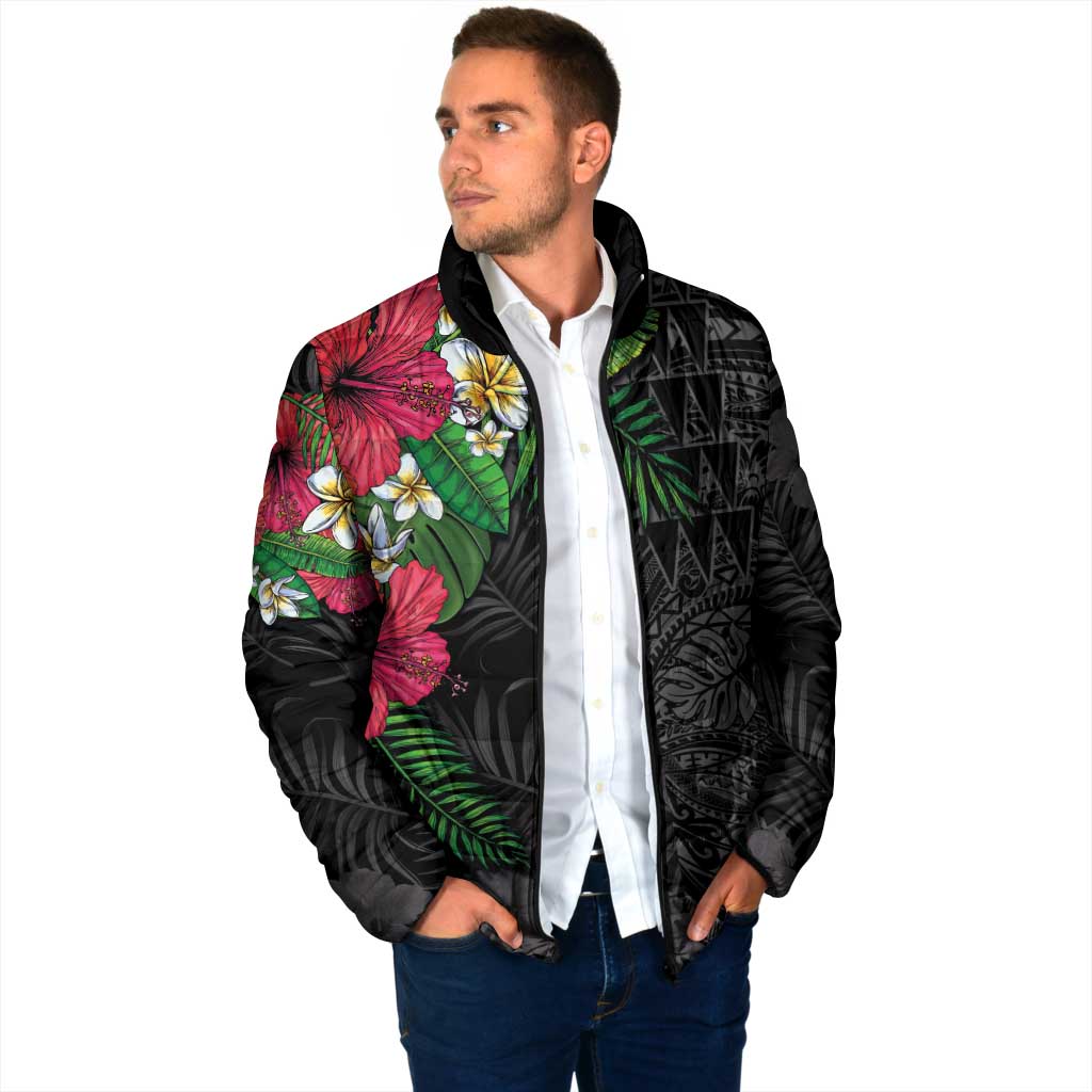 Hawaiian Tropical Plants Padded Jacket Kakau Tattoo and Polynesian Pattern Half Black Color LT03 - Polynesian Pride