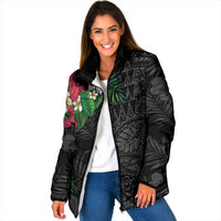 Hawaiian Tropical Plants Padded Jacket Kakau Tattoo and Polynesian Pattern Half Black Color LT03 Women Black - Polynesian Pride