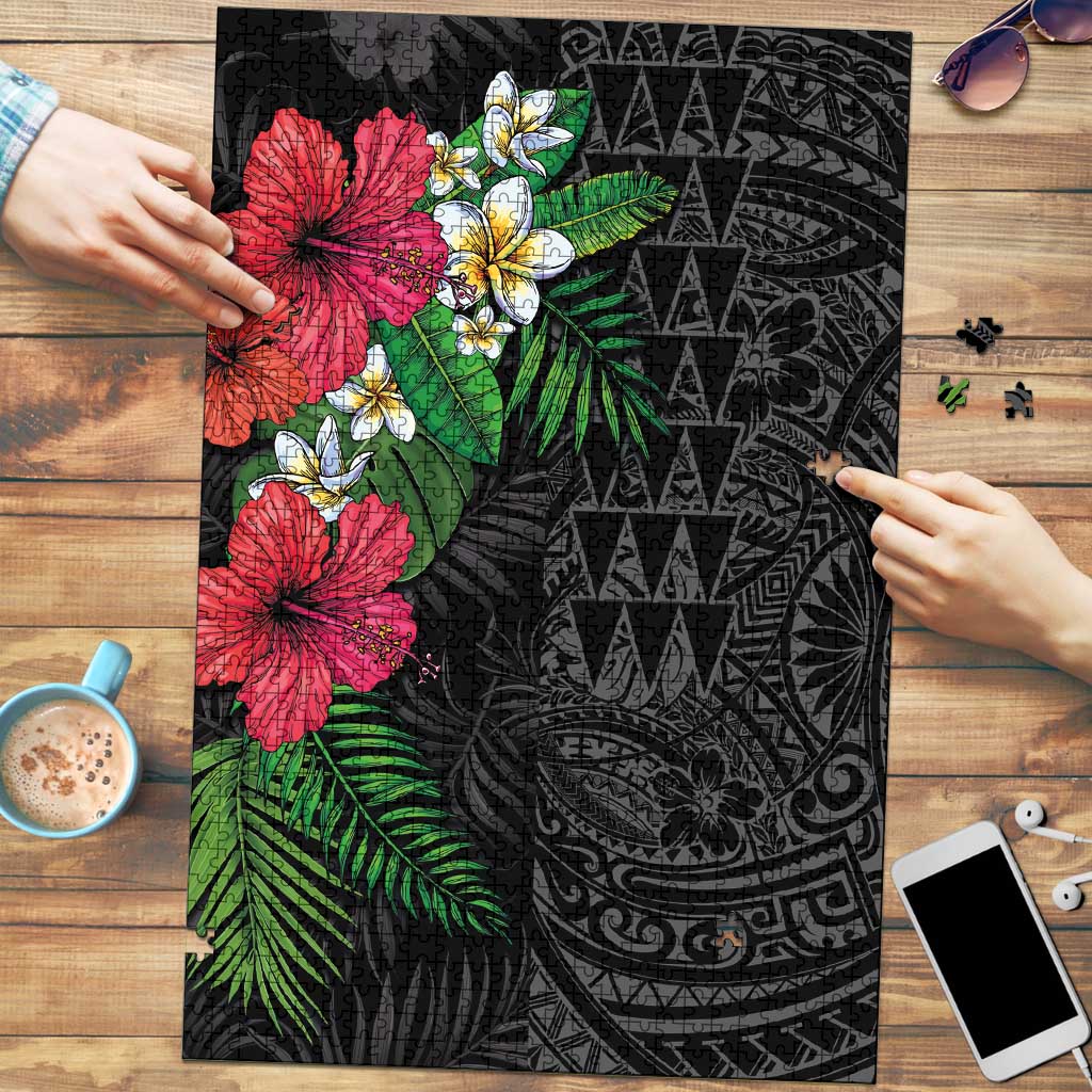 Hawaiian Tropical Plants Puzzle Kakau Tattoo and Polynesian Pattern Half Black Color LT03 Black - Polynesian Pride