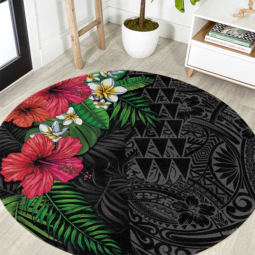 Hawaiian Tropical Plants Round Carpet Kakau Tattoo and Polynesian Pattern Half Black Color LT03 Black - Polynesian Pride