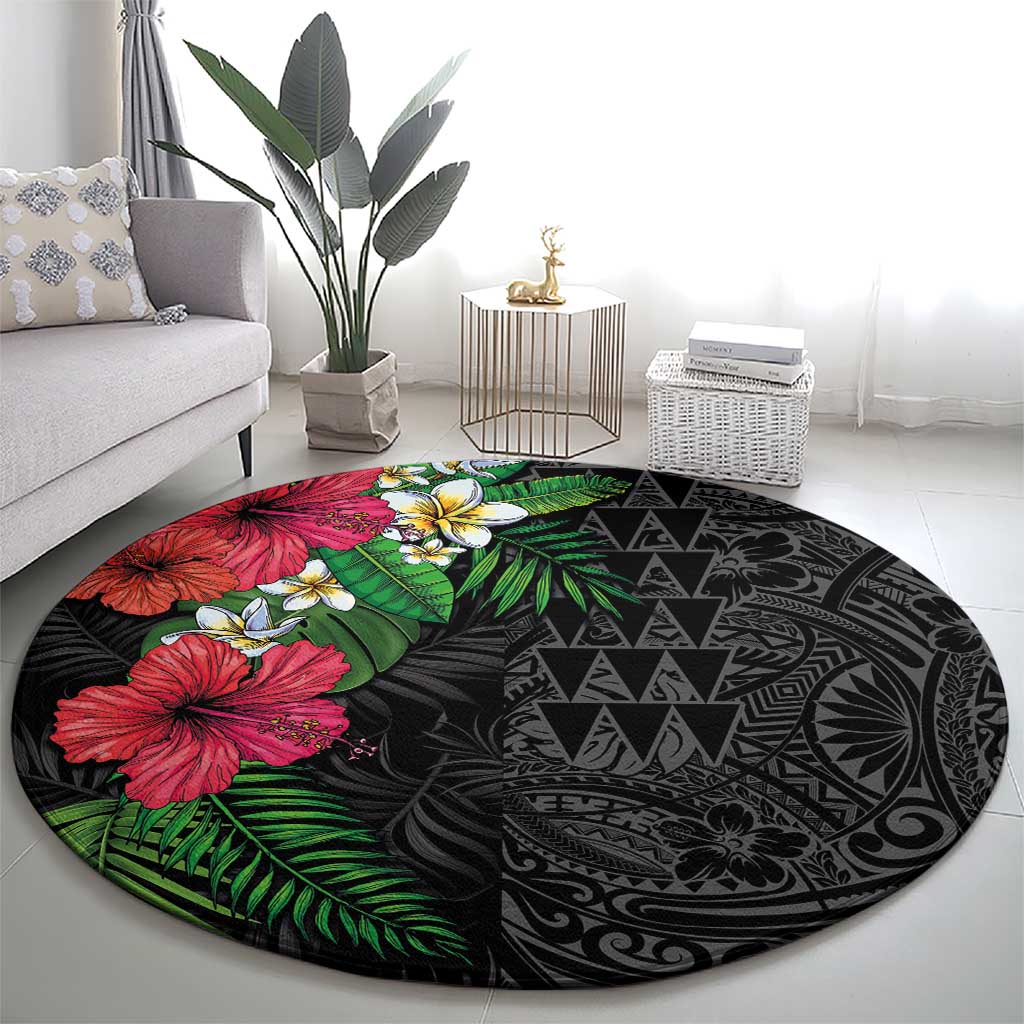 Hawaiian Tropical Plants Round Carpet Kakau Tattoo and Polynesian Pattern Half Black Color LT03 - Polynesian Pride