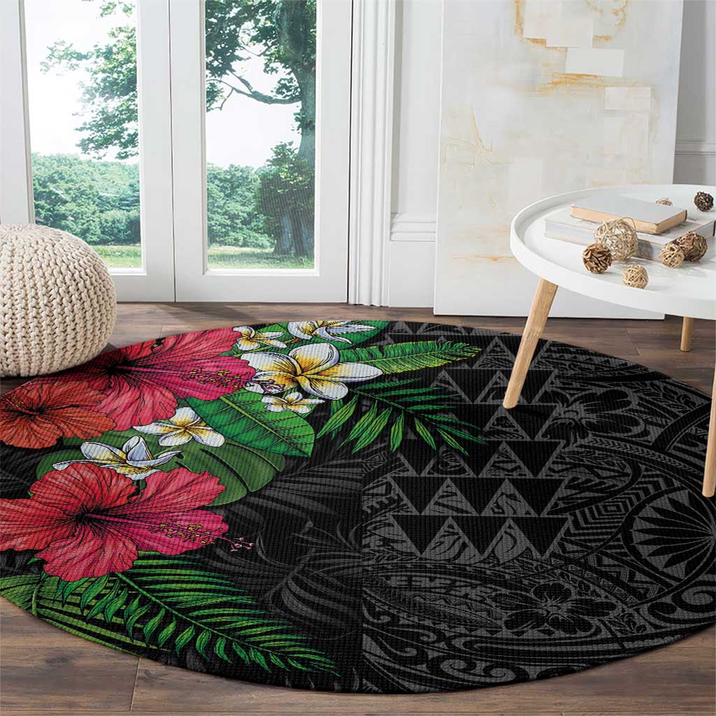 Hawaiian Tropical Plants Round Carpet Kakau Tattoo and Polynesian Pattern Half Black Color LT03 - Polynesian Pride