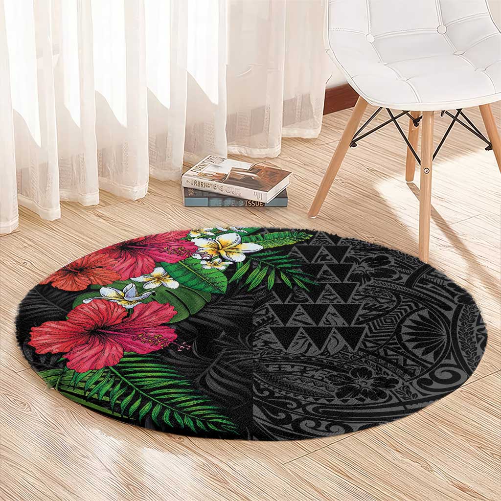 Hawaiian Tropical Plants Round Carpet Kakau Tattoo and Polynesian Pattern Half Black Color LT03 - Polynesian Pride