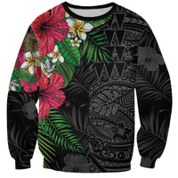 Hawaiian Tropical Plants Sweatshirt Kakau Tattoo and Polynesian Pattern Half Black Color LT03 Unisex Black - Polynesian Pride