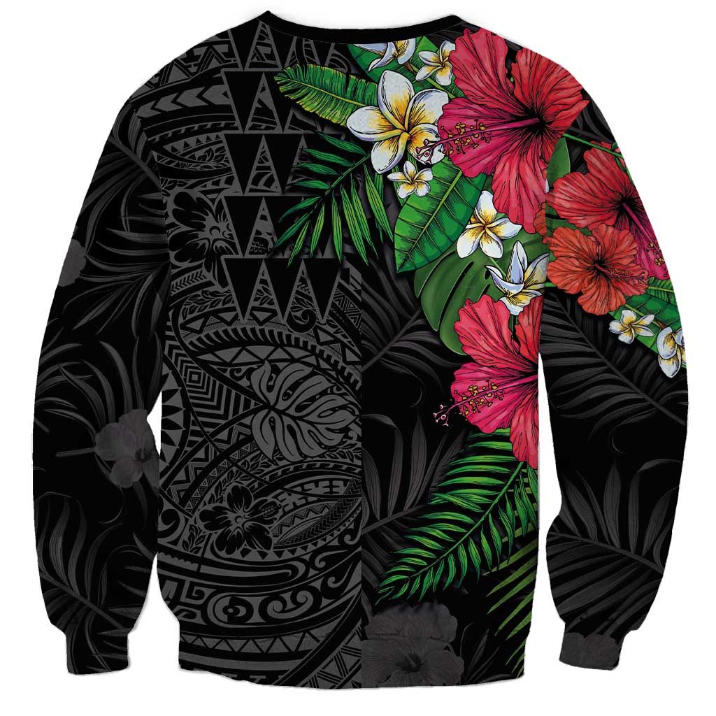 Hawaiian Tropical Plants Sweatshirt Kakau Tattoo and Polynesian Pattern Half Black Color LT03 - Polynesian Pride