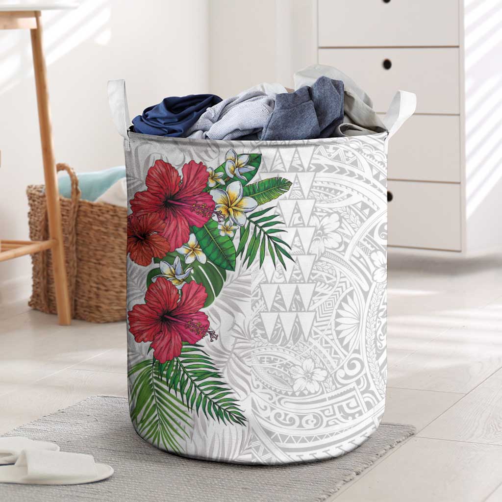 Hawaiian Tropical Plants Laundry Basket Kakau Tattoo and Polynesian Pattern Half White Color LT03 White - Polynesian Pride