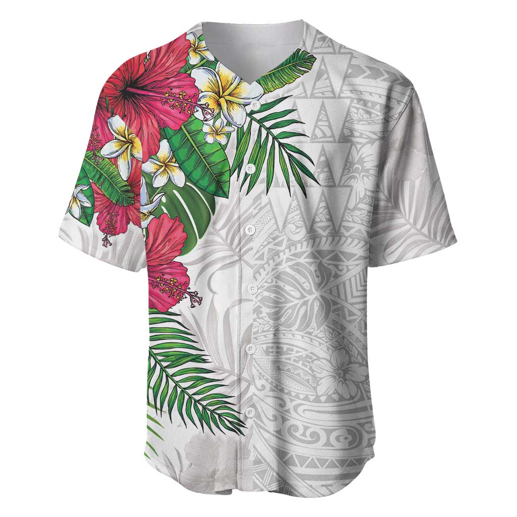 Hawaiian Tropical Plants Baseball Jersey Kakau Tattoo and Polynesian Pattern Half White Color LT03 White - Polynesian Pride