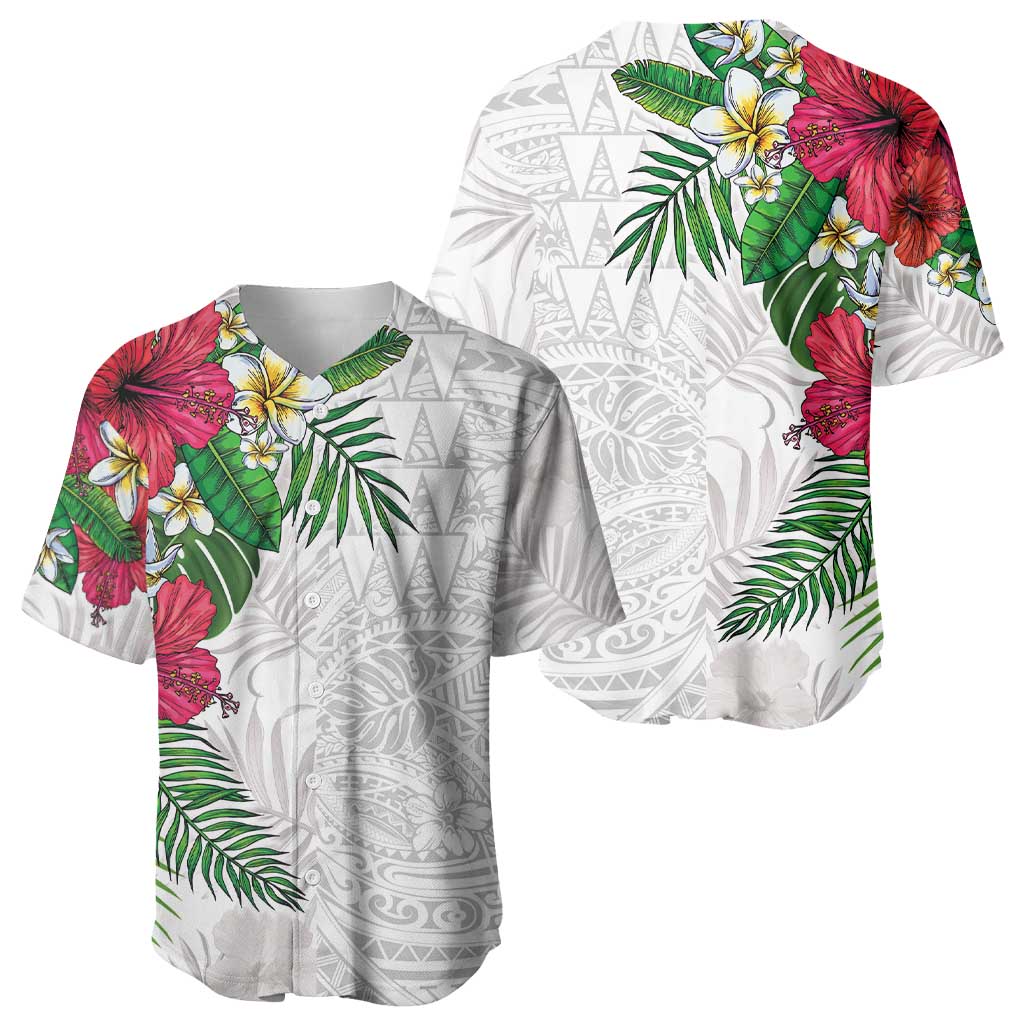 Hawaiian Tropical Plants Baseball Jersey Kakau Tattoo and Polynesian Pattern Half White Color LT03 - Polynesian Pride