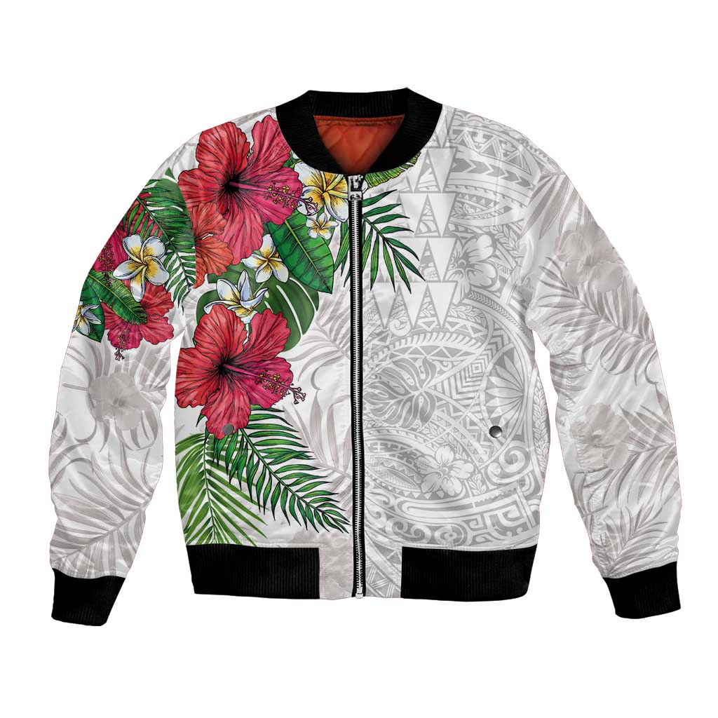 Hawaiian Tropical Plants Bomber Jacket Kakau Tattoo and Polynesian Pattern Half White Color LT03 Unisex White - Polynesian Pride