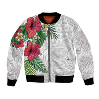Hawaiian Tropical Plants Bomber Jacket Kakau Tattoo and Polynesian Pattern Half White Color LT03 Unisex White - Polynesian Pride