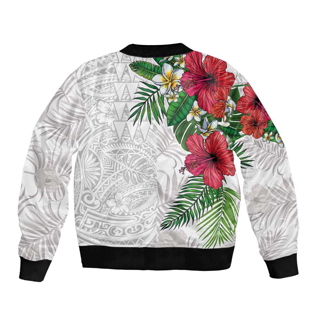 Hawaiian Tropical Plants Bomber Jacket Kakau Tattoo and Polynesian Pattern Half White Color LT03 - Polynesian Pride