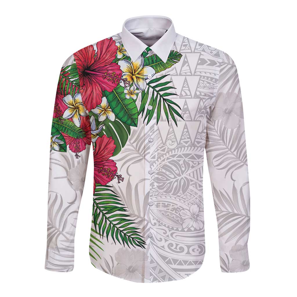 Hawaiian Tropical Plants Long Sleeve Button Shirt Kakau Tattoo and Polynesian Pattern Half White Color LT03 Unisex White - Polynesian Pride