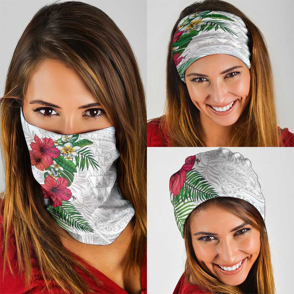 Hawaiian Tropical Plants Neck Gaiter Kakau Tattoo and Polynesian Pattern Half White Color LT03 - Polynesian Pride