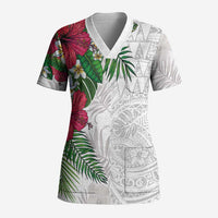 Hawaiian Tropical Plants Scrub Top Kakau Tattoo and Polynesian Pattern Half White Color LT03 Adult White - Polynesian Pride