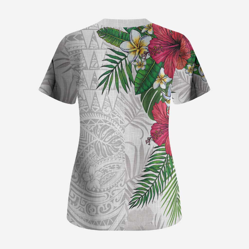 Hawaiian Tropical Plants Scrub Top Kakau Tattoo and Polynesian Pattern Half White Color LT03 - Polynesian Pride