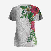 Hawaiian Tropical Plants Scrub Top Kakau Tattoo and Polynesian Pattern Half White Color LT03 - Polynesian Pride