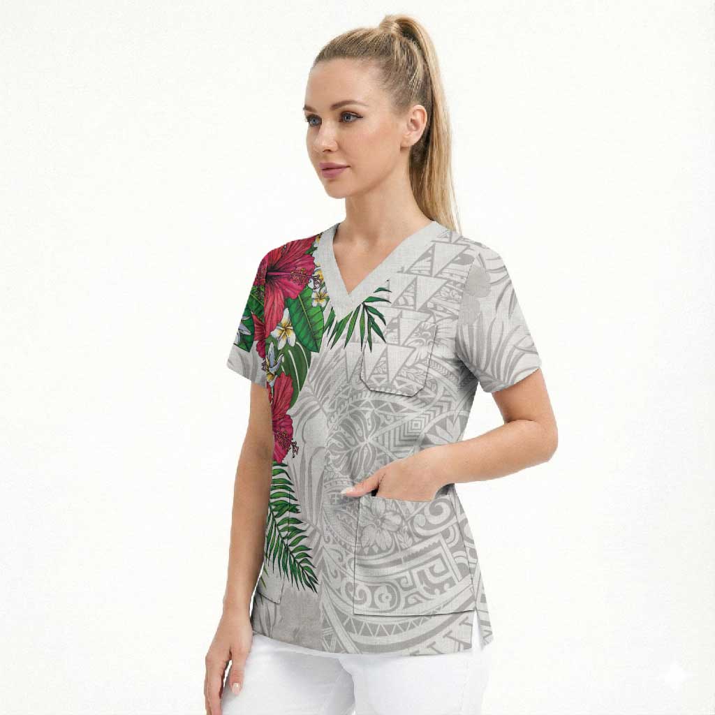 Hawaiian Tropical Plants Scrub Top Kakau Tattoo and Polynesian Pattern Half White Color LT03 - Polynesian Pride