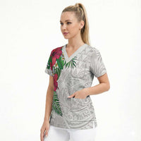 Hawaiian Tropical Plants Scrub Top Kakau Tattoo and Polynesian Pattern Half White Color LT03 - Polynesian Pride