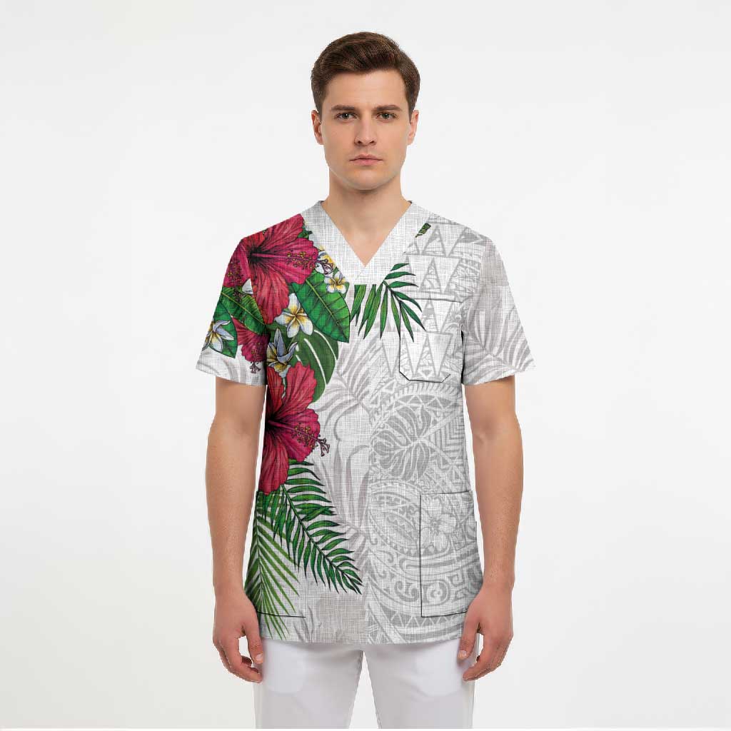 Hawaiian Tropical Plants Scrub Top Kakau Tattoo and Polynesian Pattern Half White Color LT03 - Polynesian Pride