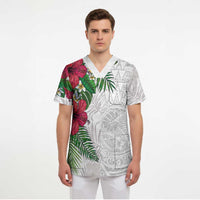Hawaiian Tropical Plants Scrub Top Kakau Tattoo and Polynesian Pattern Half White Color LT03 - Polynesian Pride