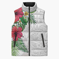 Hawaiian Tropical Plants Sleeveless Puffer Jacket Kakau Tattoo and Polynesian Pattern Half White Color LT03 Unisex White - Polynesian Pride