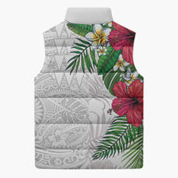 Hawaiian Tropical Plants Sleeveless Puffer Jacket Kakau Tattoo and Polynesian Pattern Half White Color LT03 - Polynesian Pride
