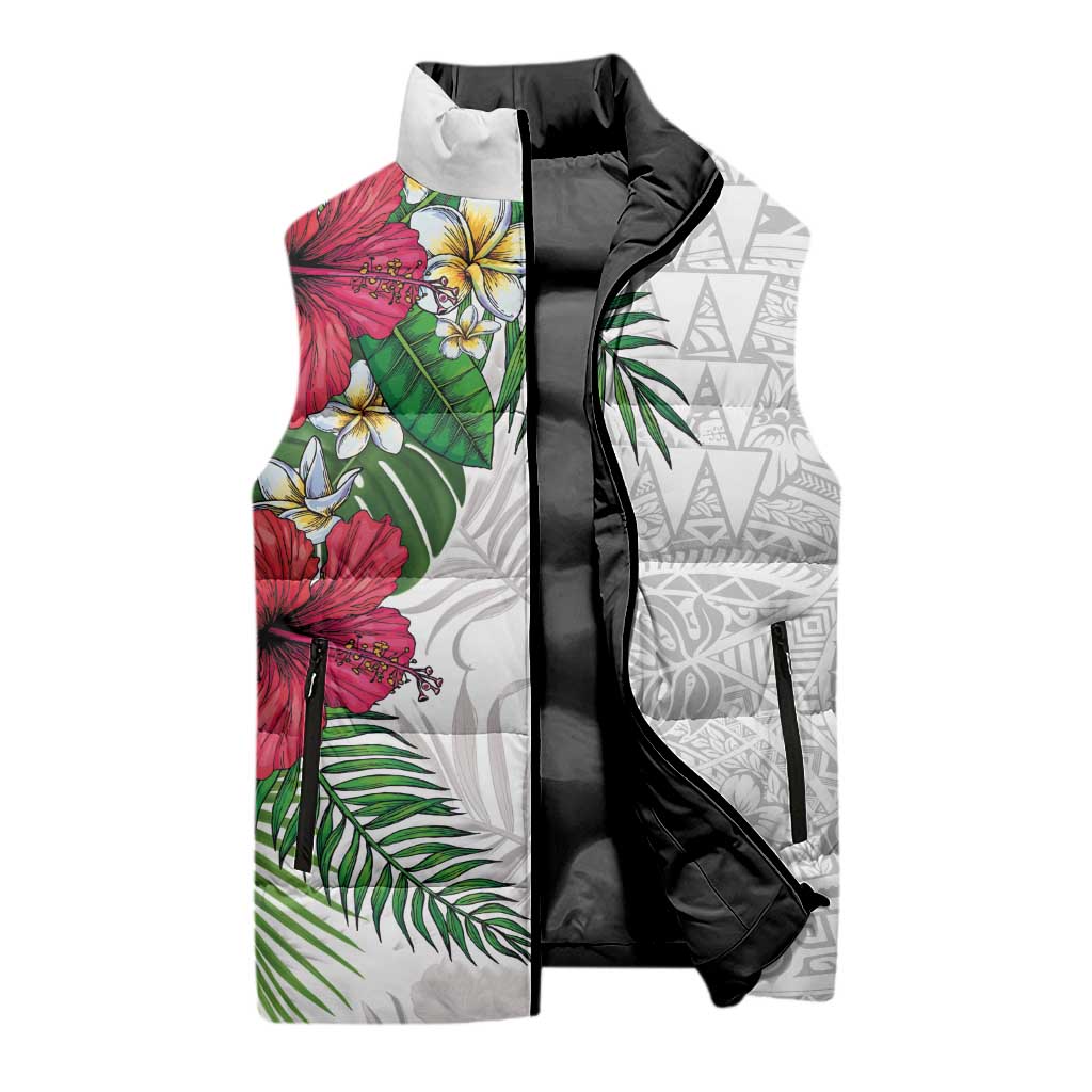 Hawaiian Tropical Plants Sleeveless Puffer Jacket Kakau Tattoo and Polynesian Pattern Half White Color LT03 - Polynesian Pride