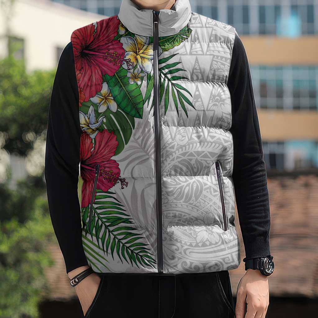 Hawaiian Tropical Plants Sleeveless Puffer Jacket Kakau Tattoo and Polynesian Pattern Half White Color LT03 - Polynesian Pride