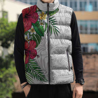 Hawaiian Tropical Plants Sleeveless Puffer Jacket Kakau Tattoo and Polynesian Pattern Half White Color LT03 - Polynesian Pride